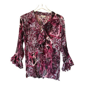 EUC Women's Dressbarn Ruffled Button Down Blouse Size Large L Purple Floral